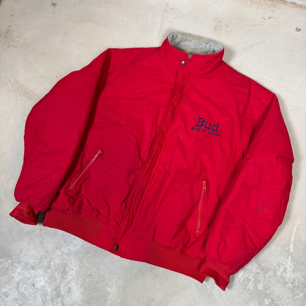 Vintage 80s 90s Budweiser King of Beers Red Bomber Jacket XL USA Nylon Quilted